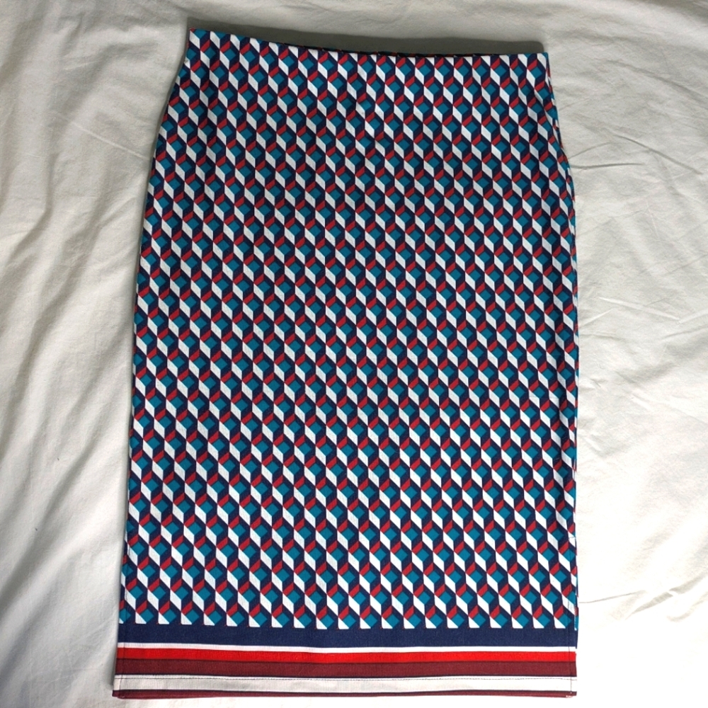 Geometric Blue and Red Women's Midi Skirt - Size Medium